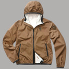 Giacca a vento uomo color bronzo in nylon, cappuccio e zip centrale scura