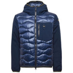 Piumino blu in piuma con cappuccio e zip frontale