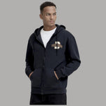 Felpa con cappuccio e zip frontale blu scuro, tasche marsupio e logo petto.
