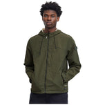 Giacca verde militare con cappuccio e zip frontale, tasche con patta