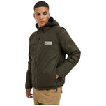 Giacca reversibile con cappuccio verde, zip frontale e tasche laterali, polsini elastici.