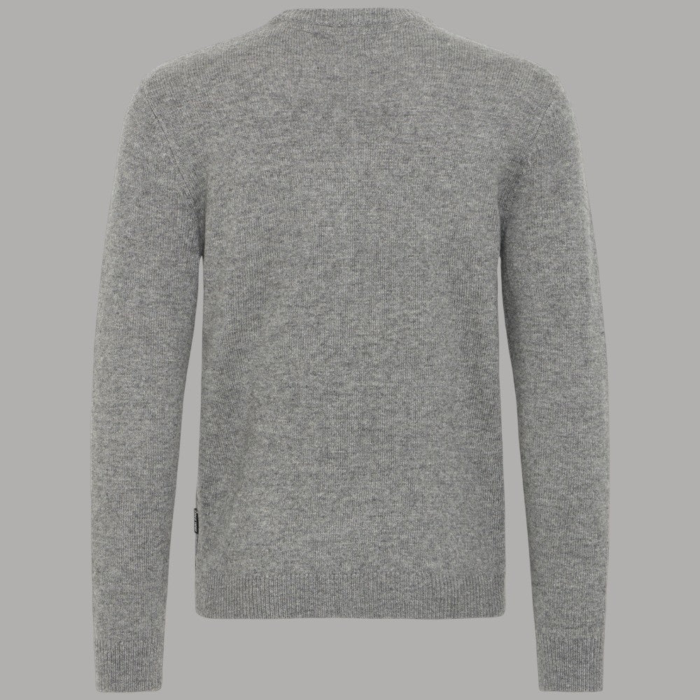 Maglione grigio melange vista posteriore con maniche lunghe.
