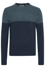 Pullover blu con pannello scuro frontale e girocollo a costine maniche lunghe