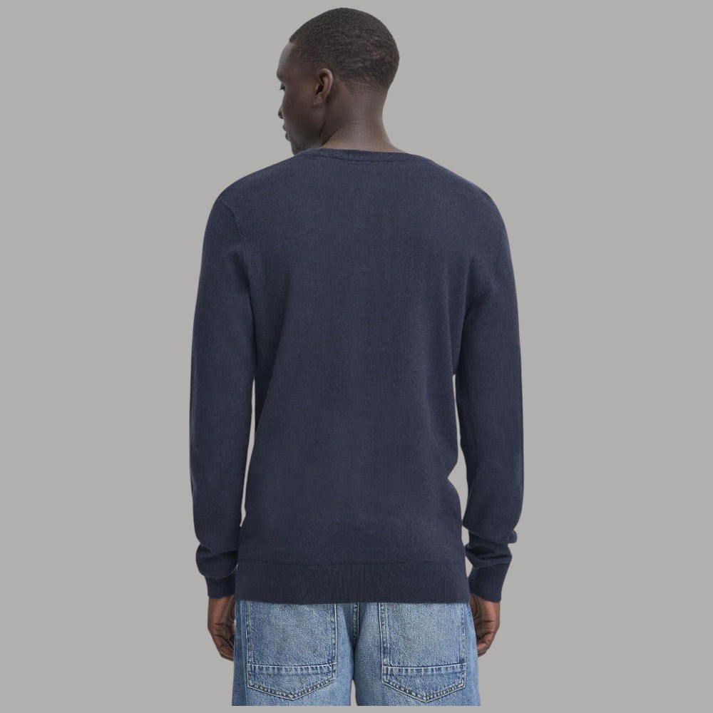 Pullover blu da uomo con scollo rotondo e vista posteriore, maniche lunghe