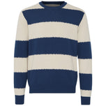 Maglione pullover a righe larghe blu e beige, girocollo a coste e polsini a coste