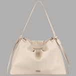 Borsa hobo morbida in eco-pelle beige chiaro, tracolla a spalla, chiusura aperta