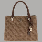 Borsa Guess similpelle marrone con motivo 4G, manici, tracolla e portachiavi