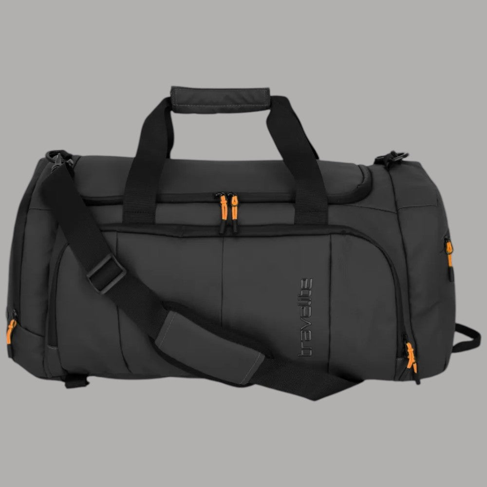 Borsa a zaino Travelite BRIIZE idrorepellente nera con tracolla e zip aranciate.