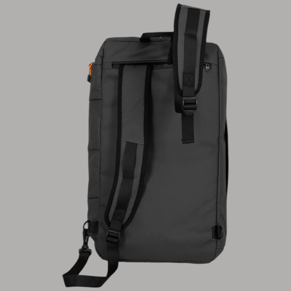 Borsa a zaino nera con schienale imbottito e spallacci, tasche frontali