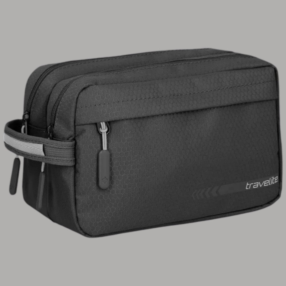 Borsello da viaggio doppio scomparto Travellite nero, esterno sagomato con zip e logo