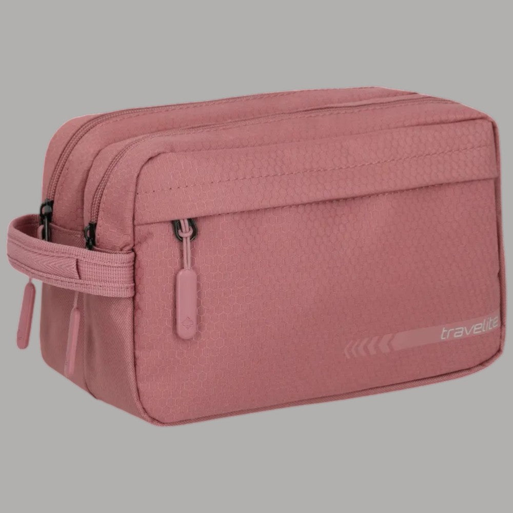 Borsello da viaggio doppio scomparto Travellite rosa, lato sagomato con zip e logo