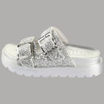 Ciabatte vegan con plateau glitter argento e due fibbie regolabili