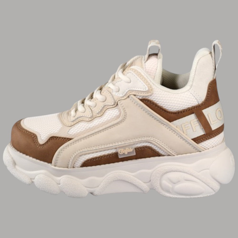 Sneakers vegan beige e marroni con lacci e suola spessa bianca