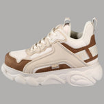 Sneaker vegan donna con zeppa 5cm, beige e dettagli marroni, suola bianca spessa