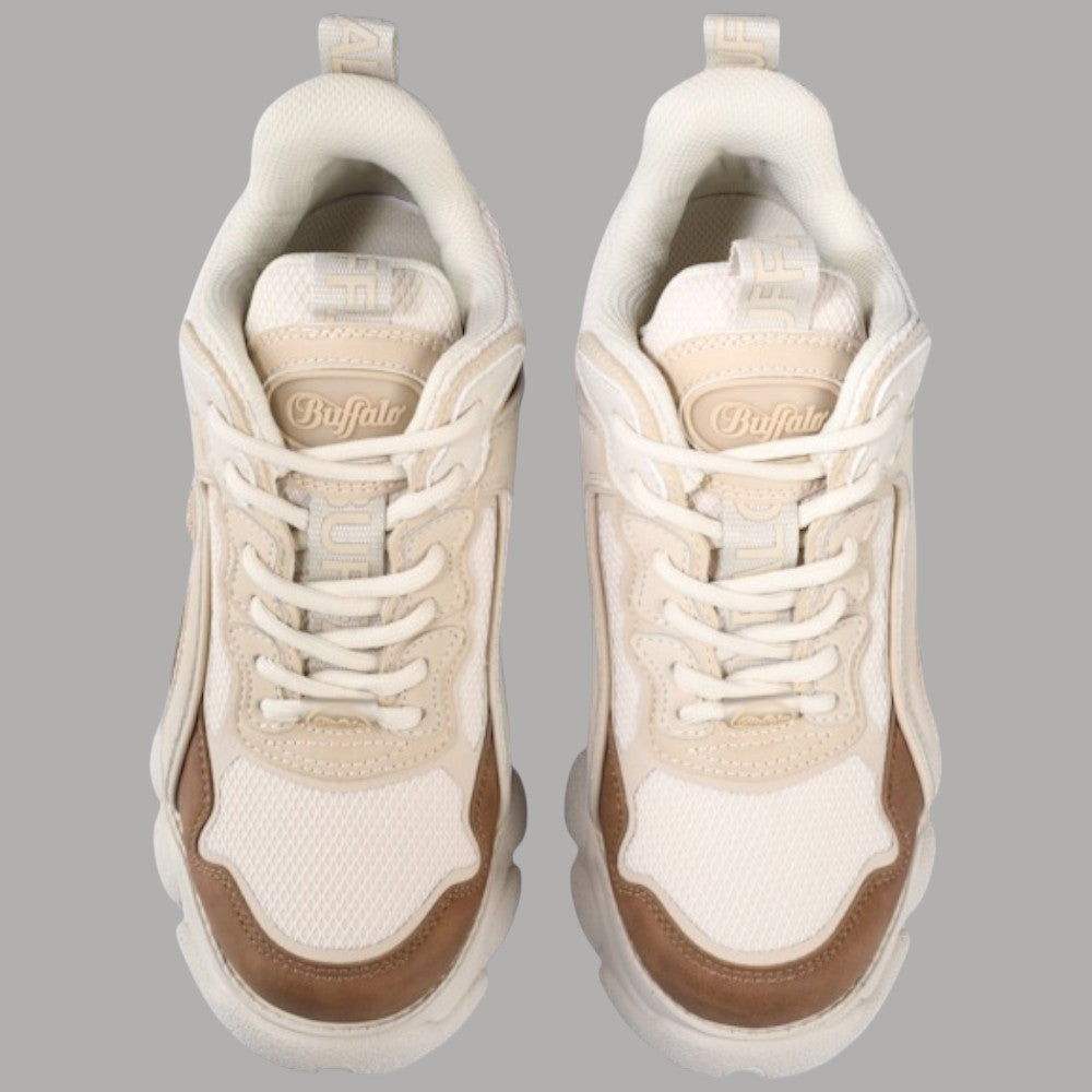 Sneakers Buffalo vegan beige con pannelli marroni e suola alta 5 cm