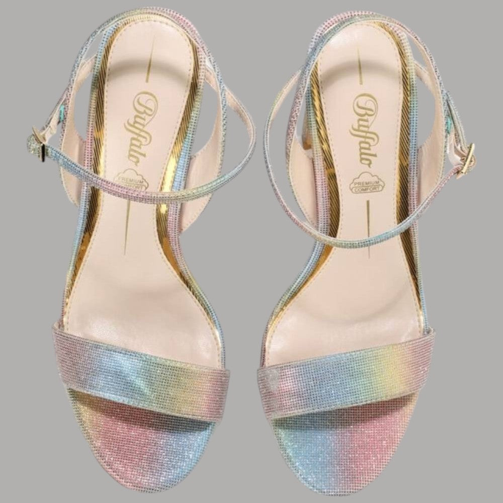 Sandalo con tacco cubano 10 cm in ecopelle multicolor con cinturino alla caviglia