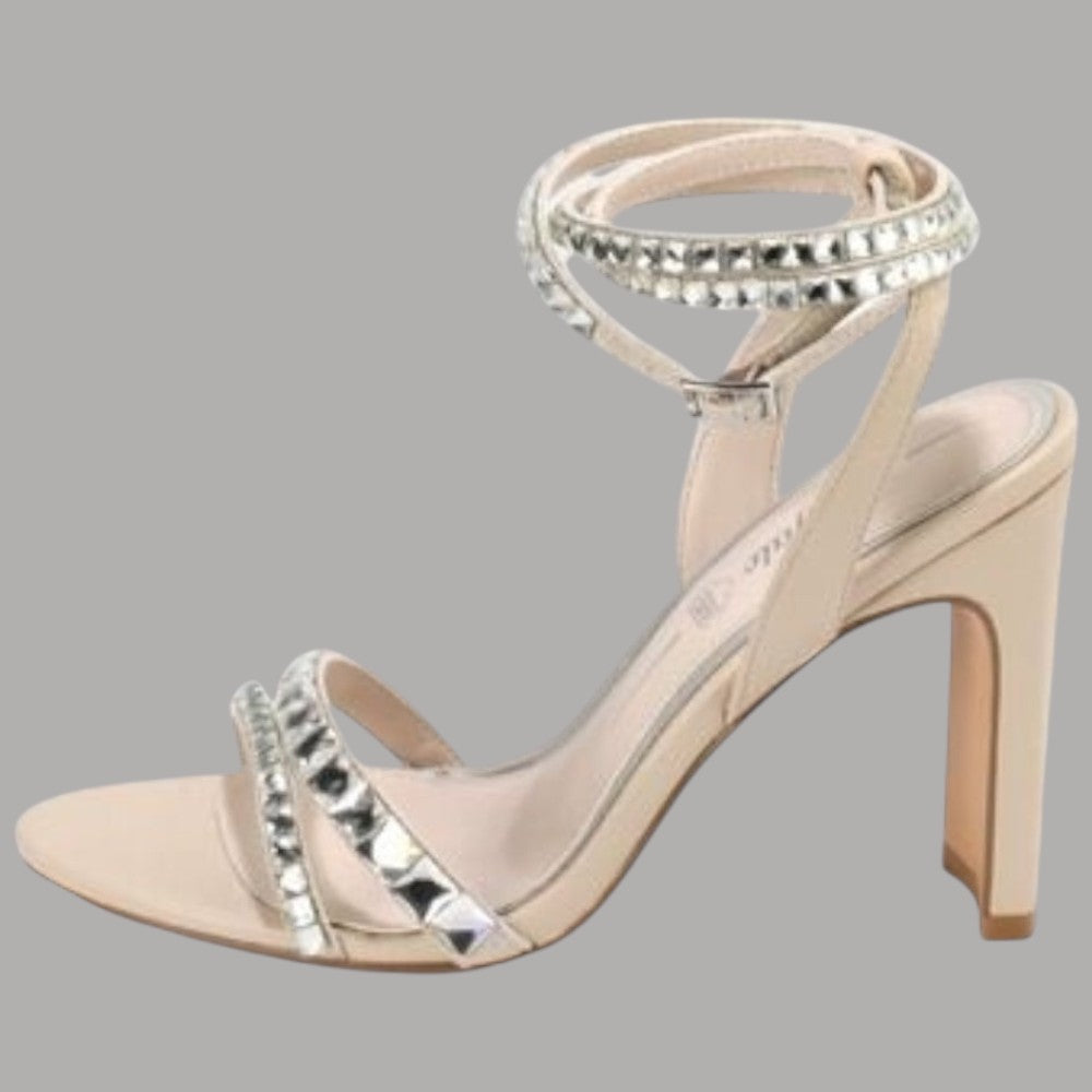 Sandalo con tacco offwhite con cinturino alla caviglia e bordi con strass