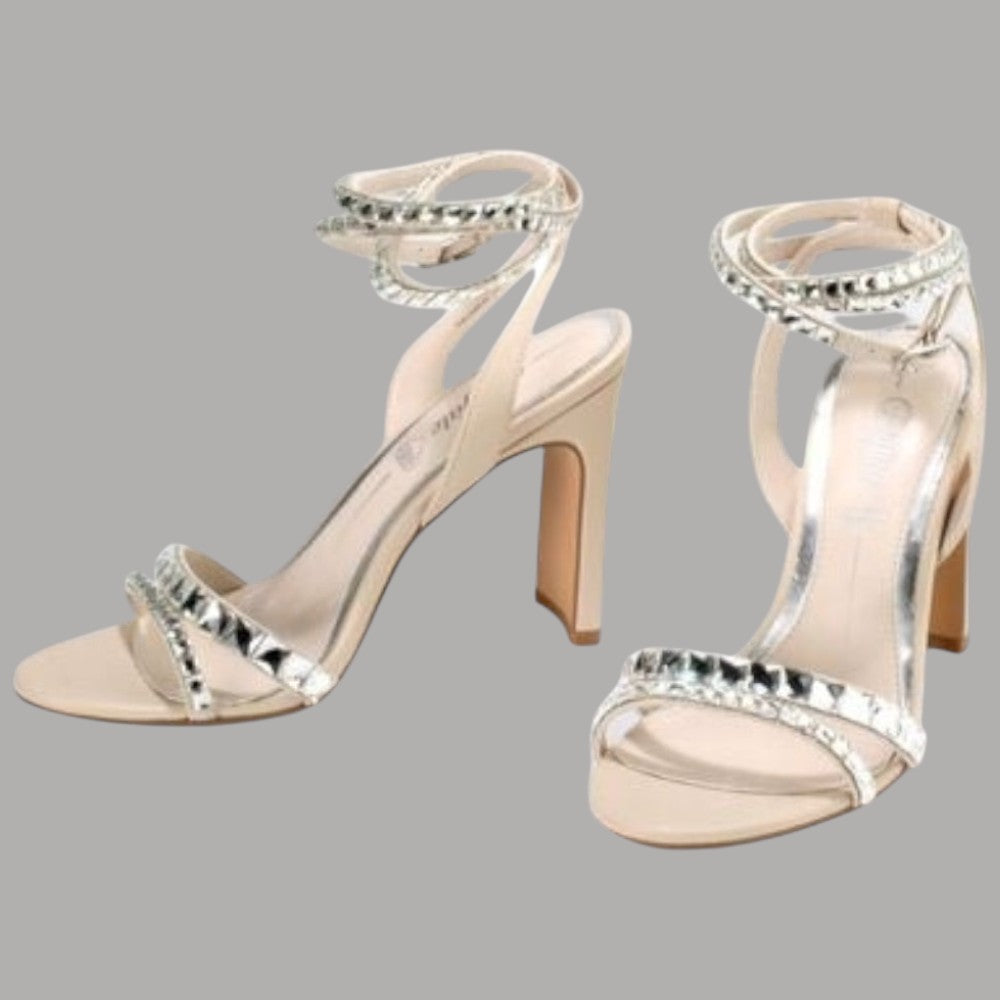 Sandali nude con tacco 10 cm e cinturino con pietre decorative e fibbia