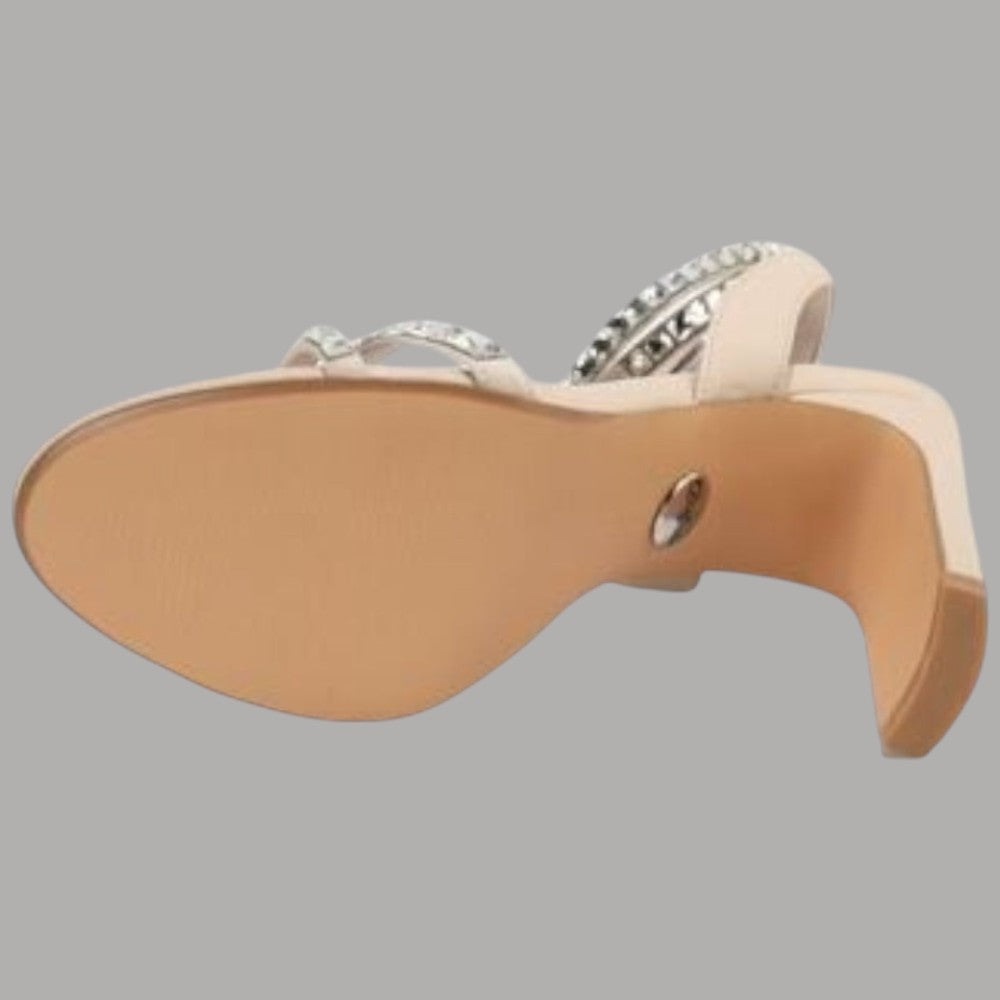 Sandalo nude a tacco alto con suola e cinturino, bordi con pietre decorative