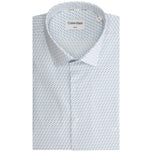 Camicia bianca con fantasia geometrica blu, colletto classico e bottoni
