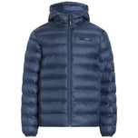 Piumino blu con cappuccio e chiusura lampo frontale