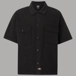 Camicia uomo in cotone nera a maniche corte, bottoni frontali e due tasche applicate