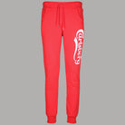 Pantalone tuta felpato uomo rosso stretto con stampa bianca e cintura con coulisse
