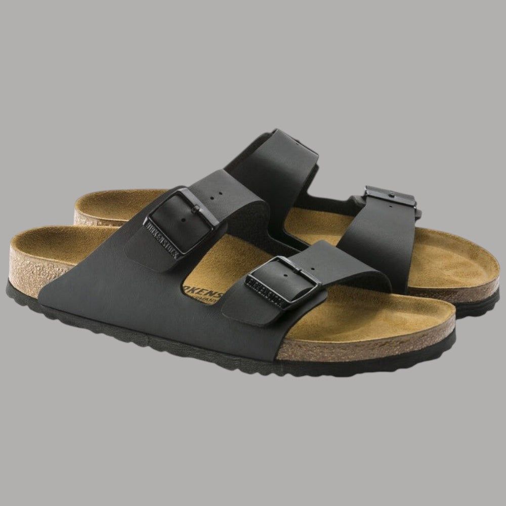 Ciabatte Birkenstock Arizona nere unisex, vista laterale, 2 fibbie e plantare anatomico