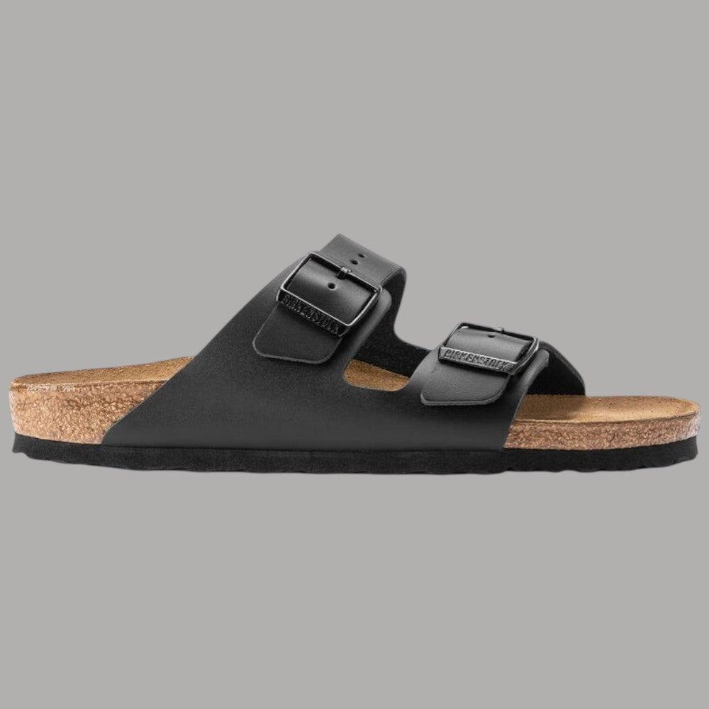 Ciabatte Birkenstock Arizona nere in pelle, due fibbie regolabili, suola sagomata