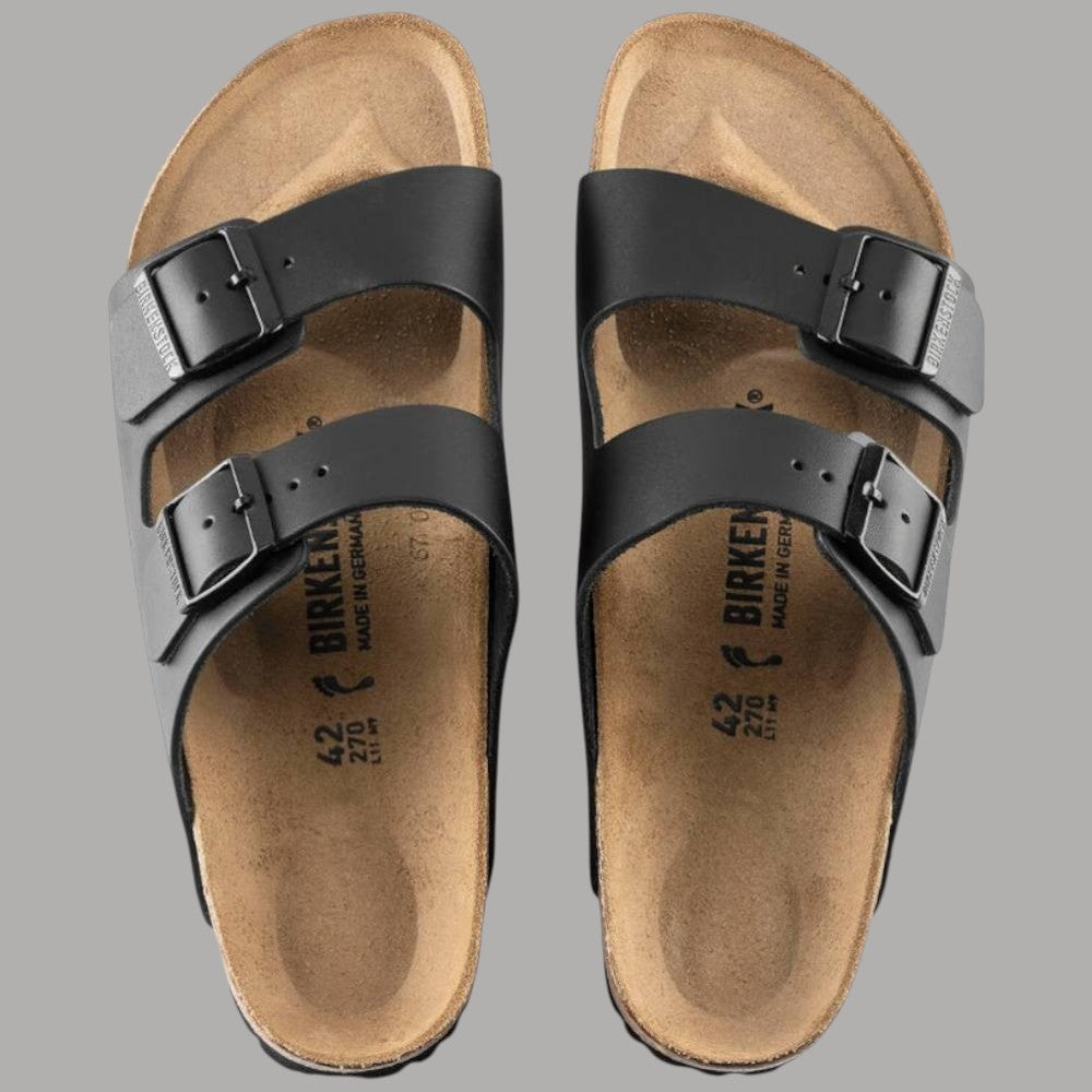 Ciabatte Birkenstock Arizona nere in pelle con plantare in sughero e fibbie regolabili