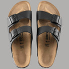 Ciabatte Birkenstock Arizona nere in pelle con plantare in sughero e fibbie regolabili