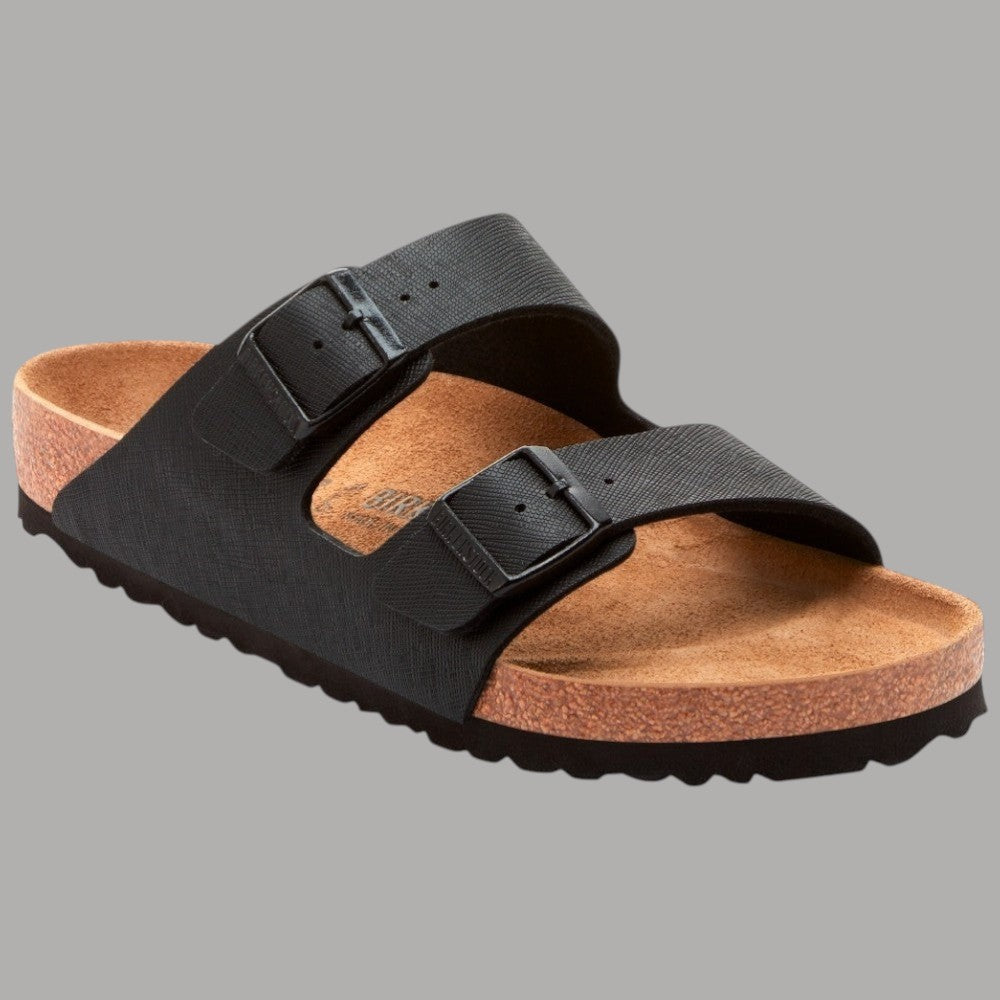 Ciabatte Birkenstock Arizona nere, vista laterale, plantare in sughero e suola profilata