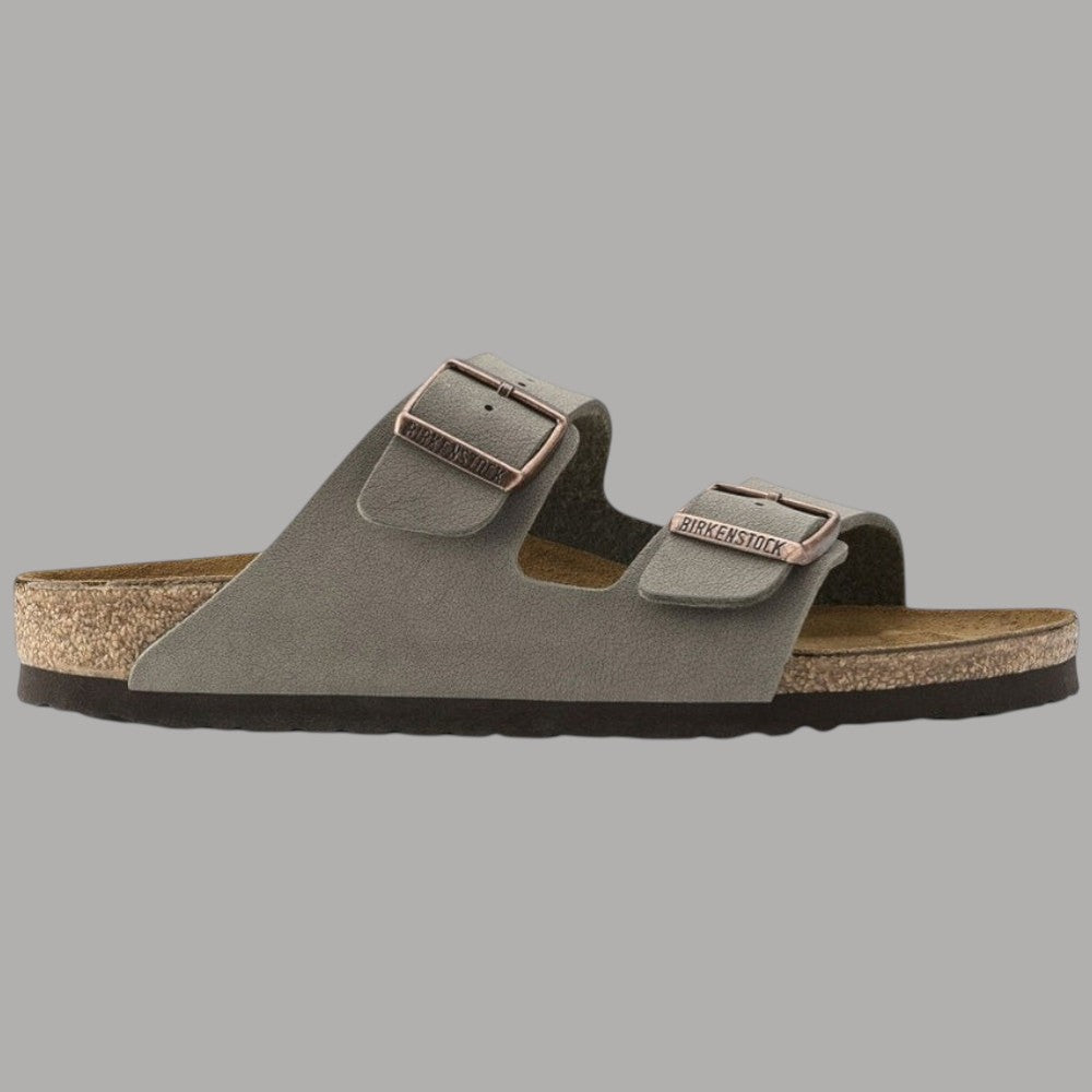 Ciabatte Birkenstock Arizona grigie con due fibbie in metallo e suola nera