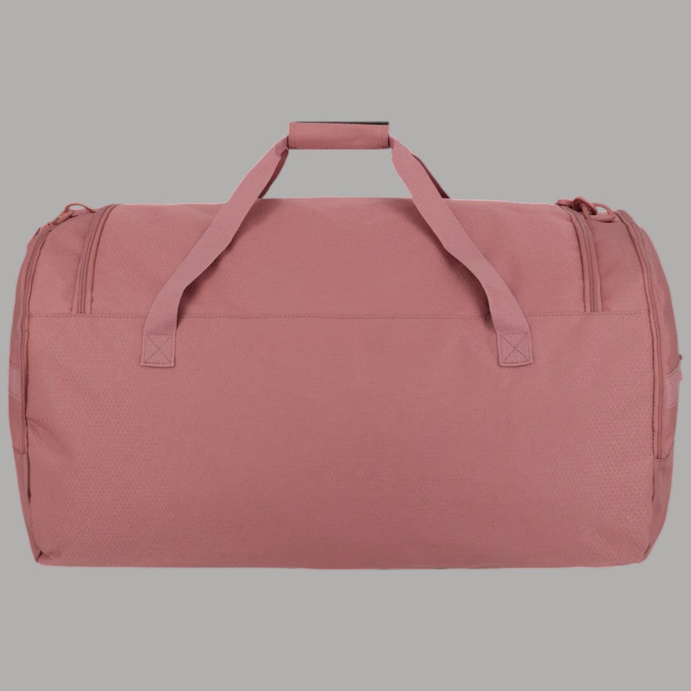 Borsone da viaggio rosa con manici e tracolla, chiusura con zip e tasche laterali
