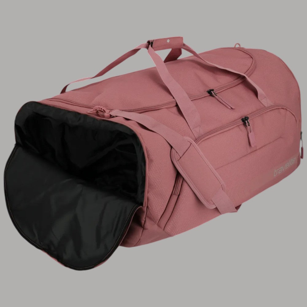 Borsone rosa con sacca scarpe interna nera, apertura con zip e scomparti