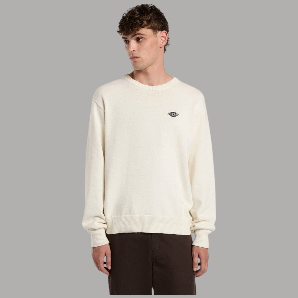 Maglione in cotone ecru con girocollo a coste e logo ricamato visibile sul davanti