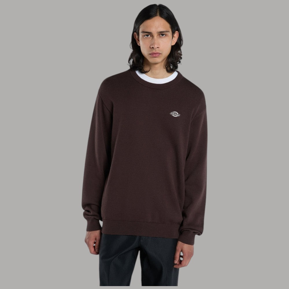 Maglione in cotone cioccolato con girocollo a contrasto e logo ricamato sul petto