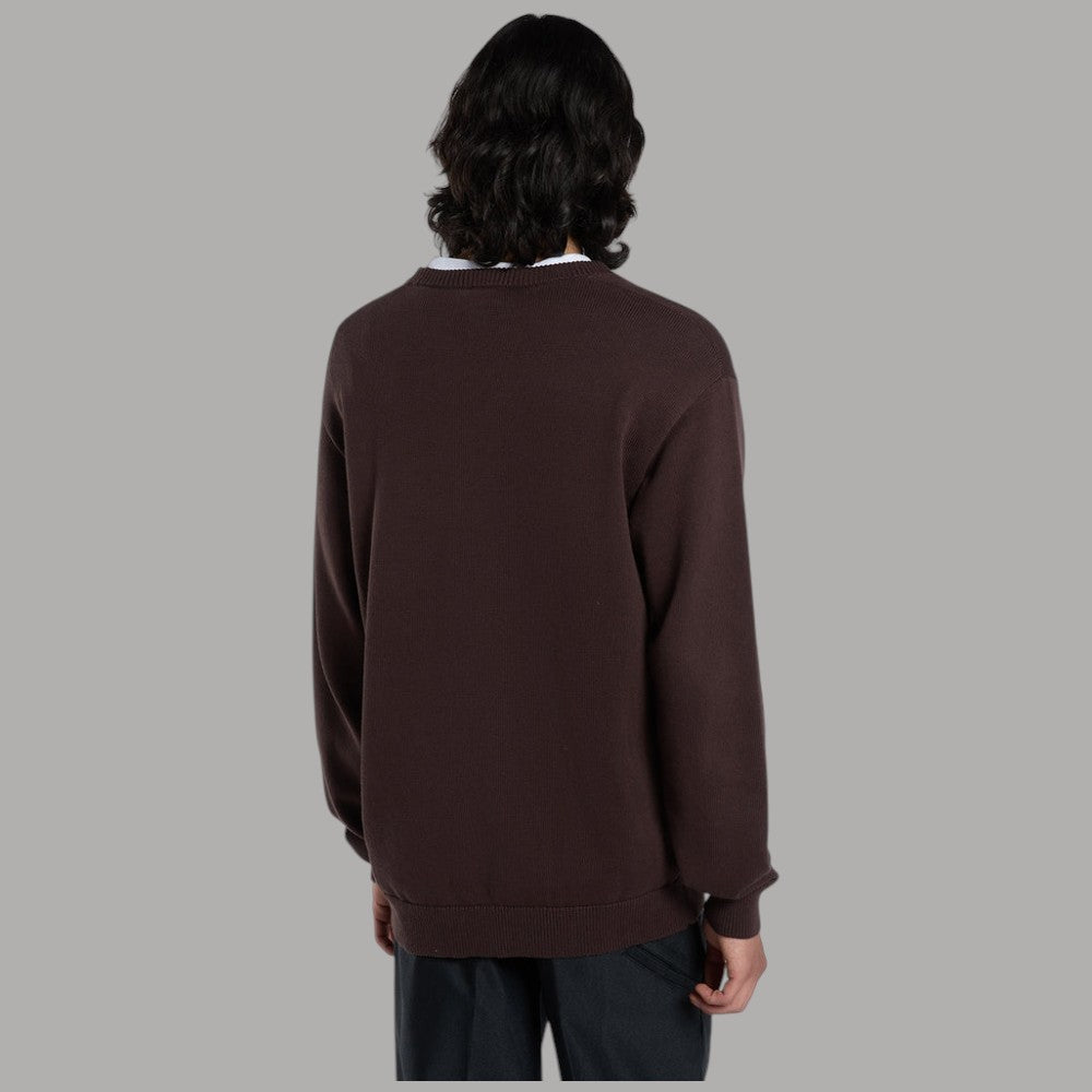 Maglione in cotone cioccolato sul retro con girocollo a coste e maniche lunghe