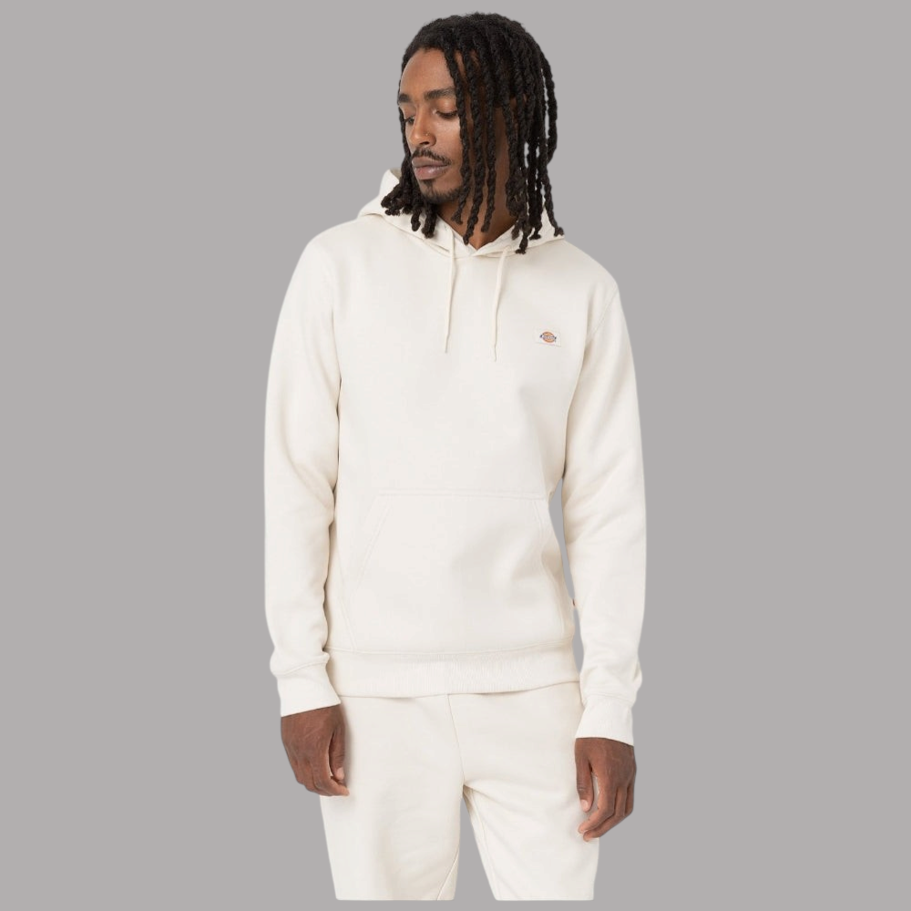 Felpa con cappuccio Dickies crema, tasca a marsupio e coulisse sul collo.