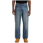 Jeans in denim blu slavato, vita con passanti e chiusura con bottoni