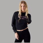 Felpa cropped girocollo nera Guess Jeans con logo ricamato sul petto