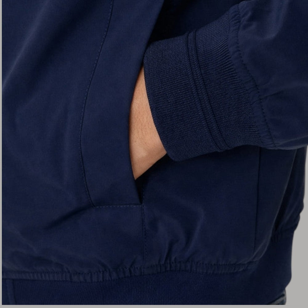 Giacca bomber blu con maniche elasticizzate a costine