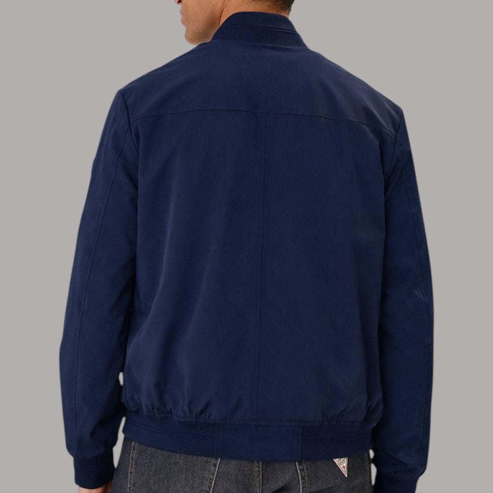 Giacca bomber blu da uomo con retro liscio e polsini elasticizzati