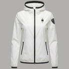 Giacca estiva bianca da donna con cappuccio fisso, zip frontale e patch.