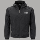 Giacca estiva nera con cappuccio, zip frontale e tasche con zip, logo ICON.