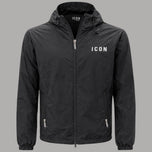 Giacca estiva nera con cappuccio, zip frontale e tasche con zip, logo ICON.