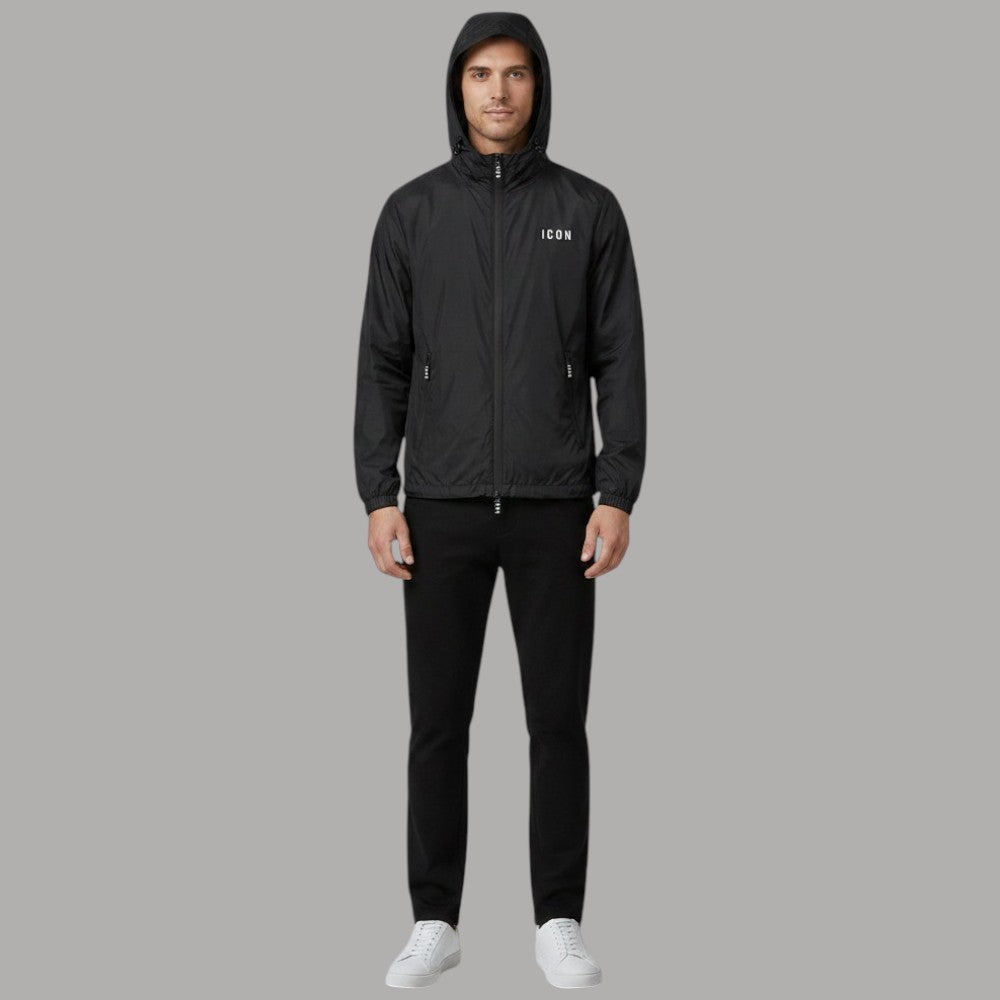 Giacca estiva nera con cappuccio e zip, polsini elasticizzati, logo ICON.