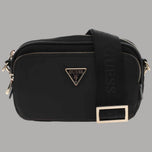 Borsa a tracolla mini nera, logo Guess triangolare e fibbia frontale, zip dorata