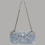 Borsa a tracolla compatta in denim blu metallizzato con glitter e tracolla a catena