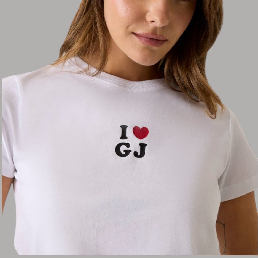T-shirt Guess GJ bianca scollo rotondo con stampa “I ♥ GJ” in nero e rosso